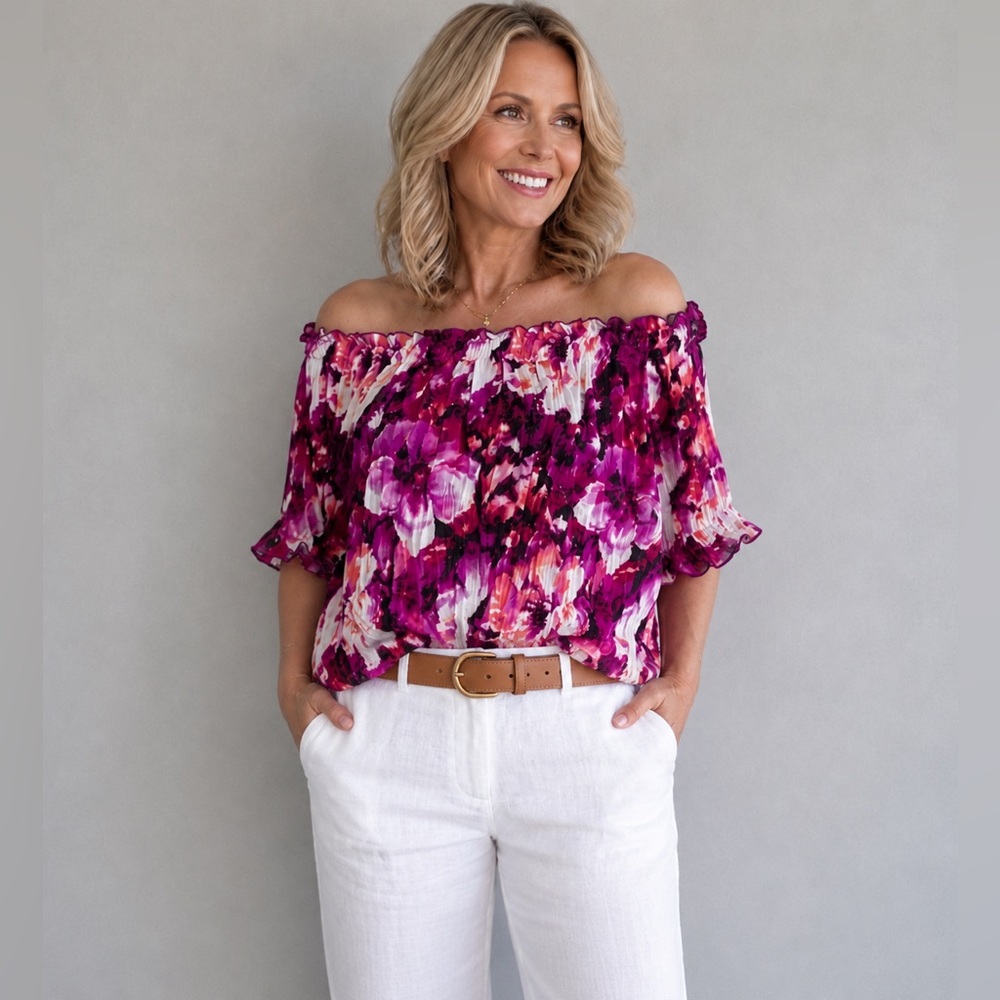 Worthington Off-Shoulder Floral Blouse in Magenta Pink, size Large